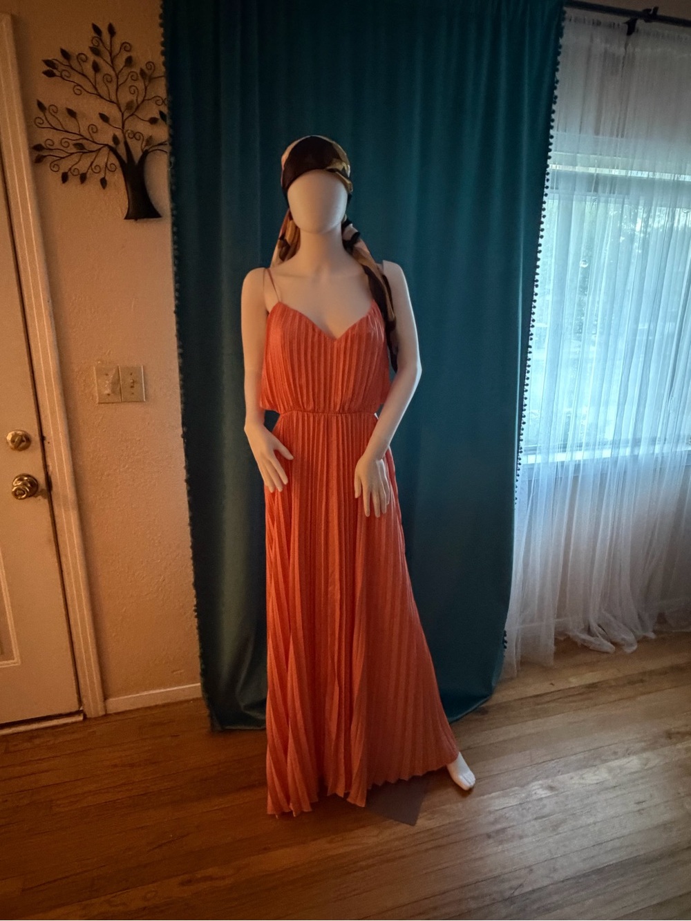 Elegant Orange Pleated Maxi Dress with Cutout Back
